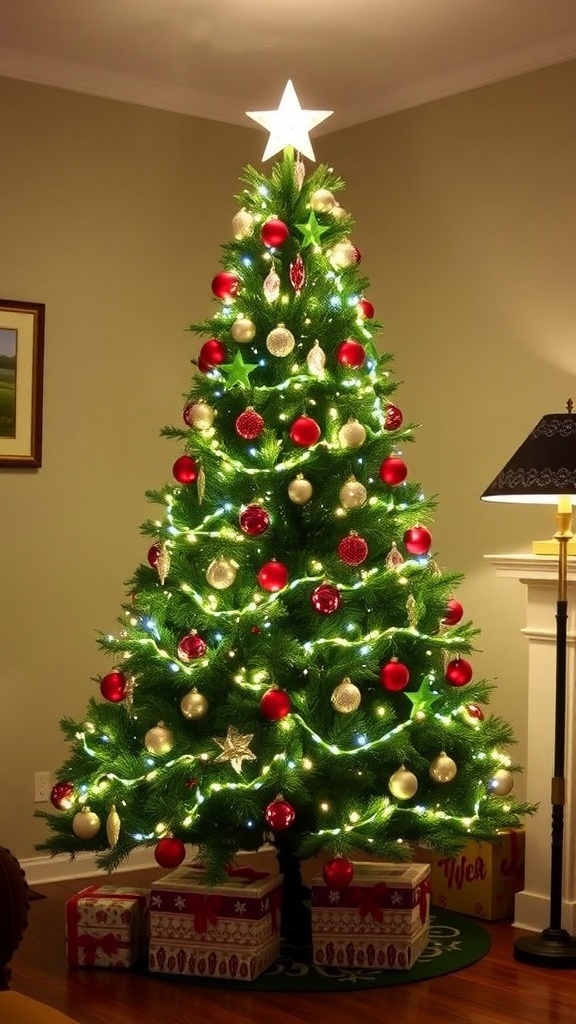 5-Foot Christmas Tree Decoration Guide A 5-foot Christmas tree decorated with lights and ornaments in a living room with gifts.